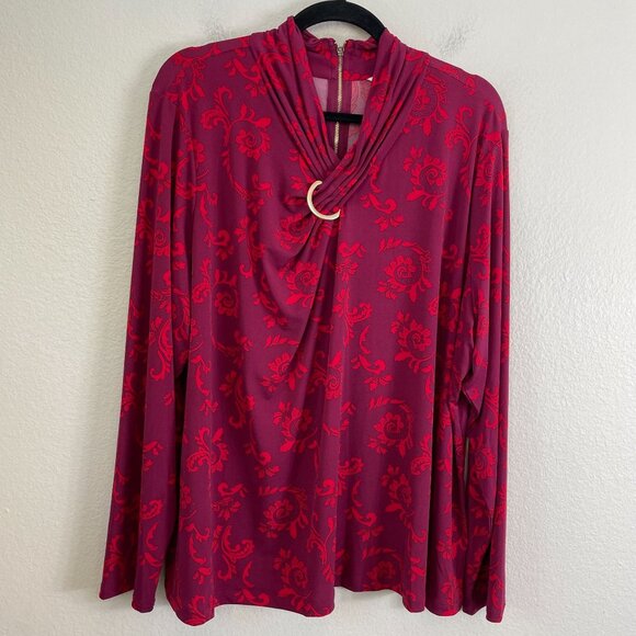 Liz Claiborne Womens Plus 2X Red Purple Floral Long Sleeve Top Gold Ring Accent - Picture 7 of 10
